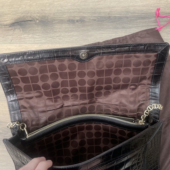 Kate Spade Brown Croc Embossed Clutch Leather Handbag Purse Gold Chain Strap